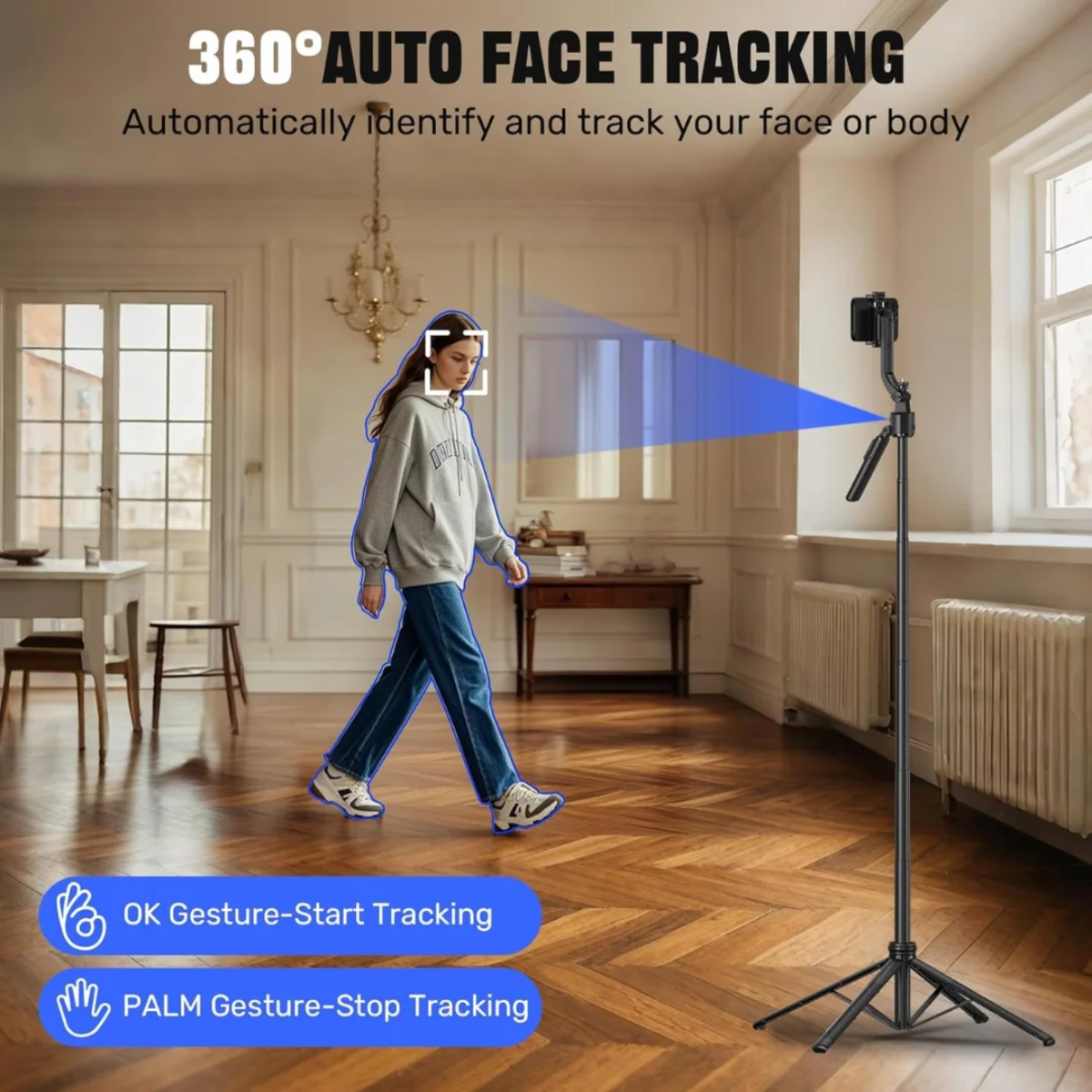 AI Face Tracking Quadrapod Gimbal With 360-Degree Rotation and 1.63m Adjustable Height