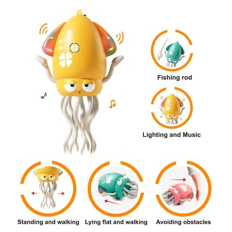 Toy octopus with features like fishing rod, lighting, music, and mobility on a white background