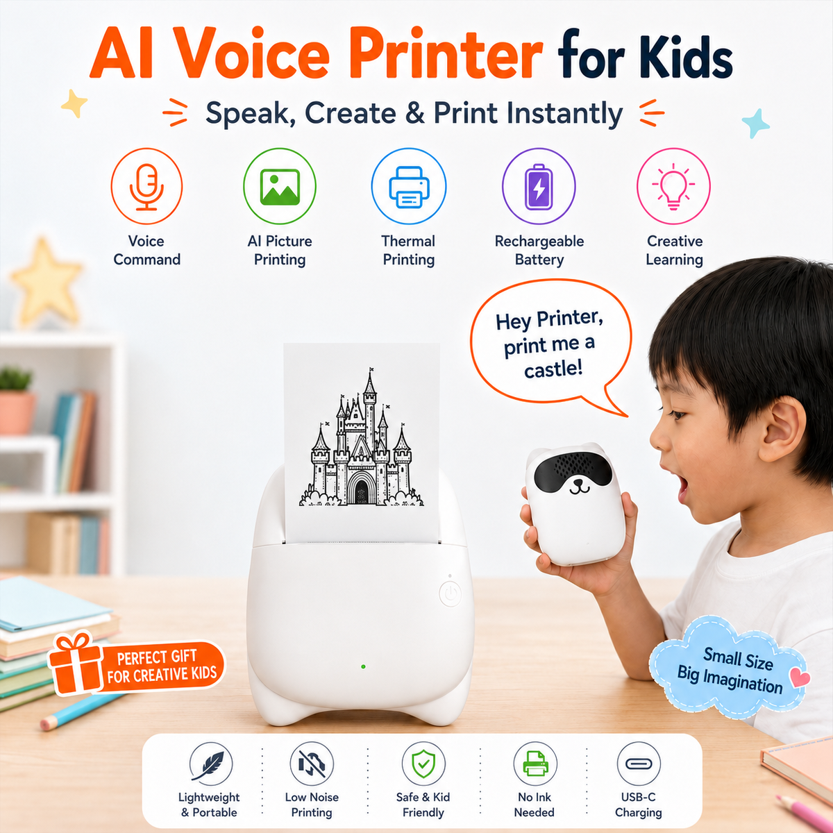 AI Voice Printer for Kids – Inkless Creative Gift Printer for Eid, Birthdays & Learning