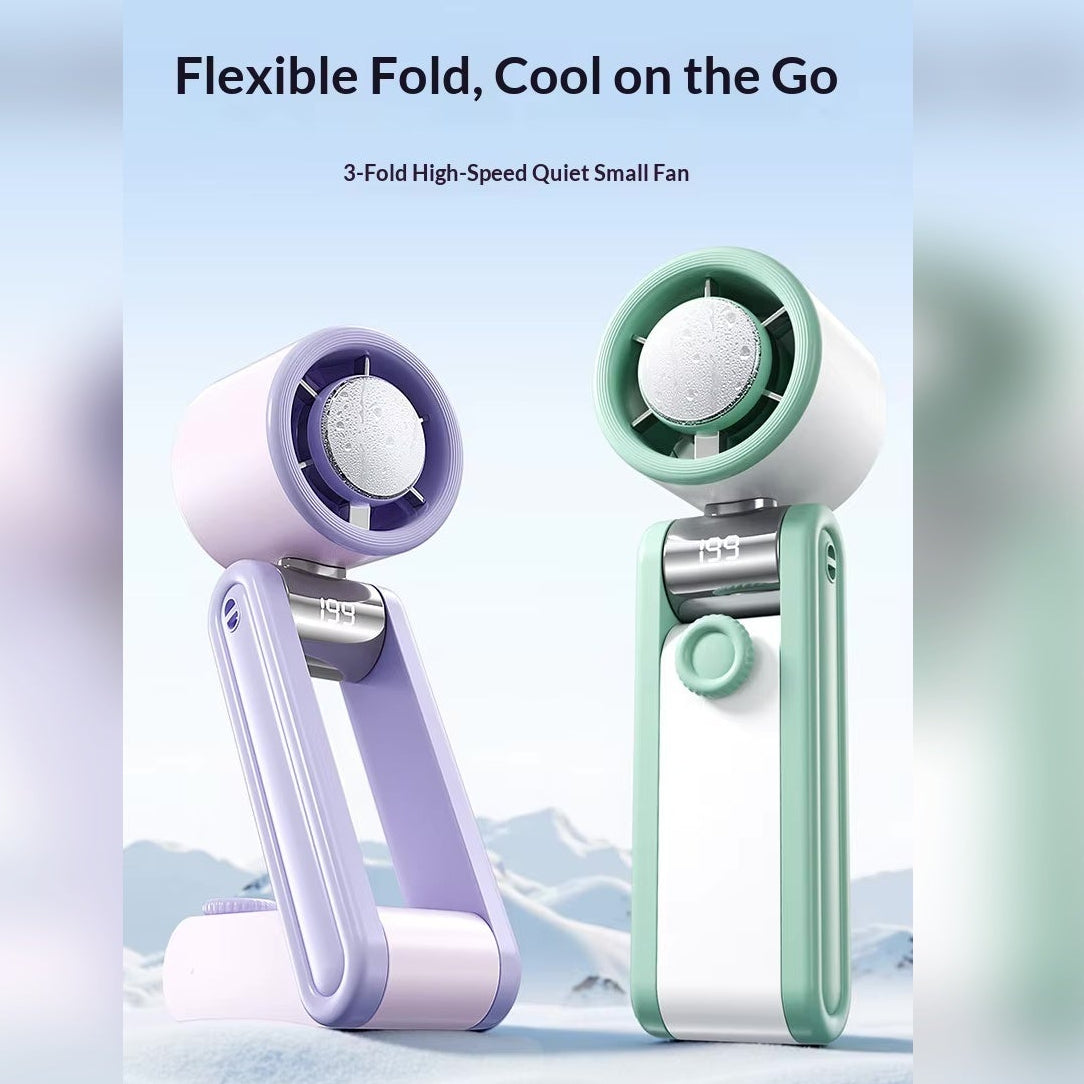 Two mini fans in purple and green on a light blue background with 'mini fan' branding.