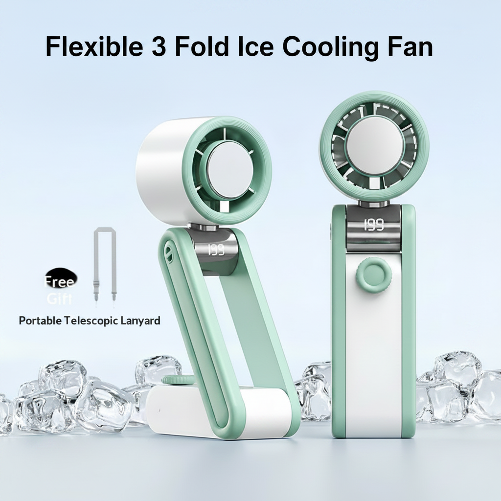 Green and white portable telescopic lanyard with ice cubes on a light blue background