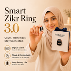iTasbih Peace 1 smart tasbih ring with 7-day battery life, showing 9999 dhikr count on LED display