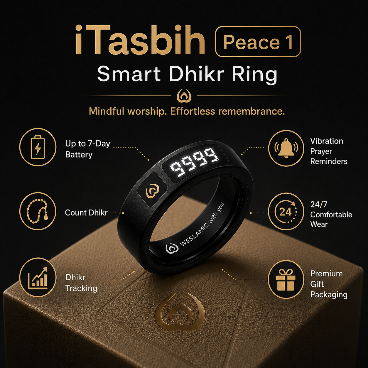 iTasbih Peace 1 smart ring with gentle vibration reminders for Fajr, Dhuhr, Asr, Maghrib, and Isha prayers