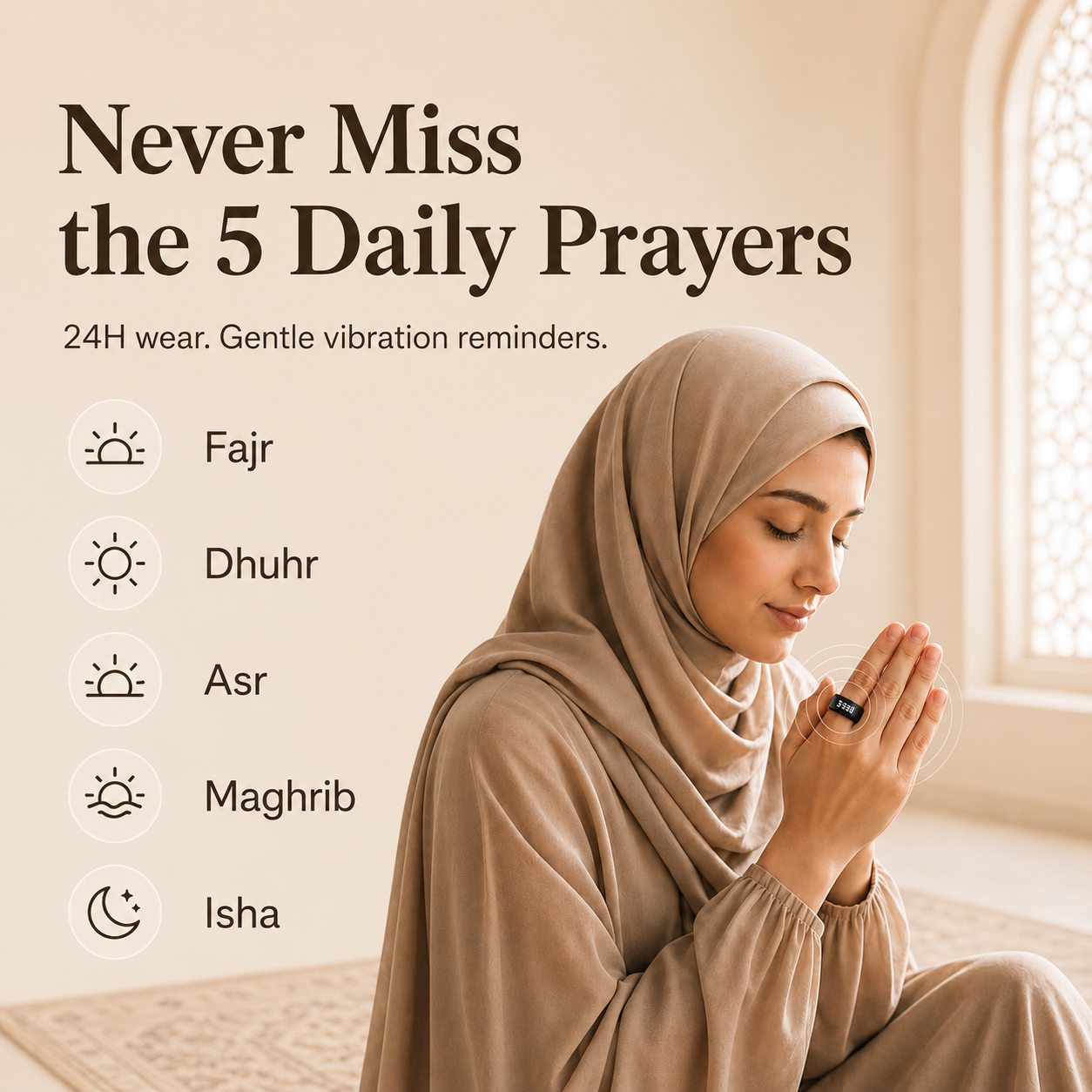 iTasbih Peace 1 smart dhikr ring with 7-day battery, vibration prayer reminders, app tracking, and premium gift packaging