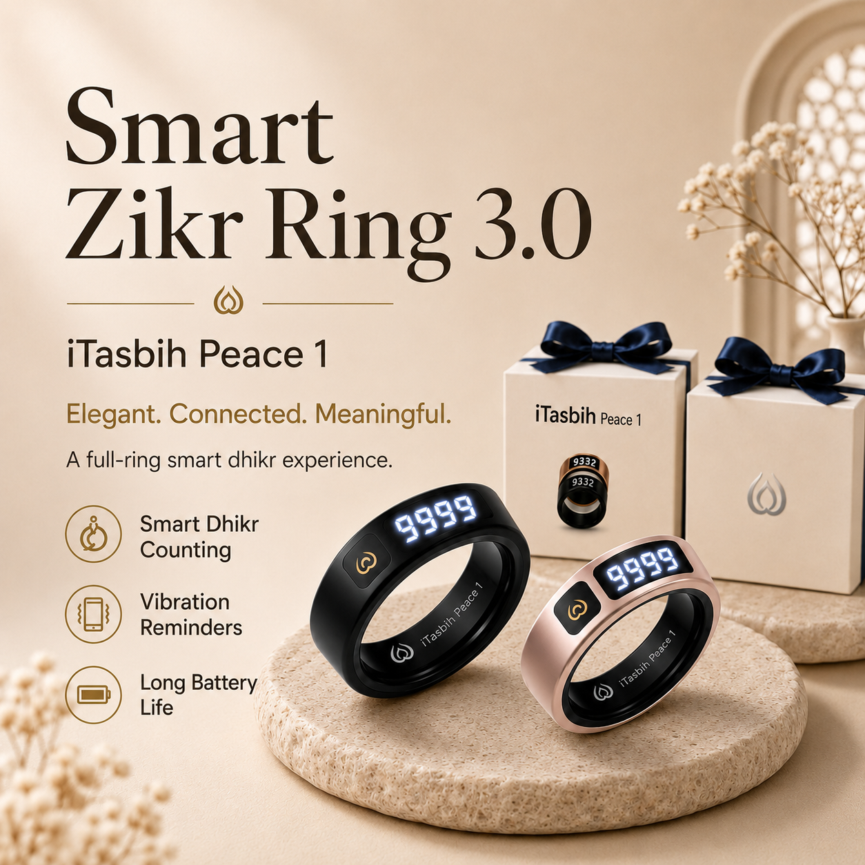 iTasbih Peace 1 waterproof smart tasbih rings in black and rose gold, IP67 rated for wudu and swimming