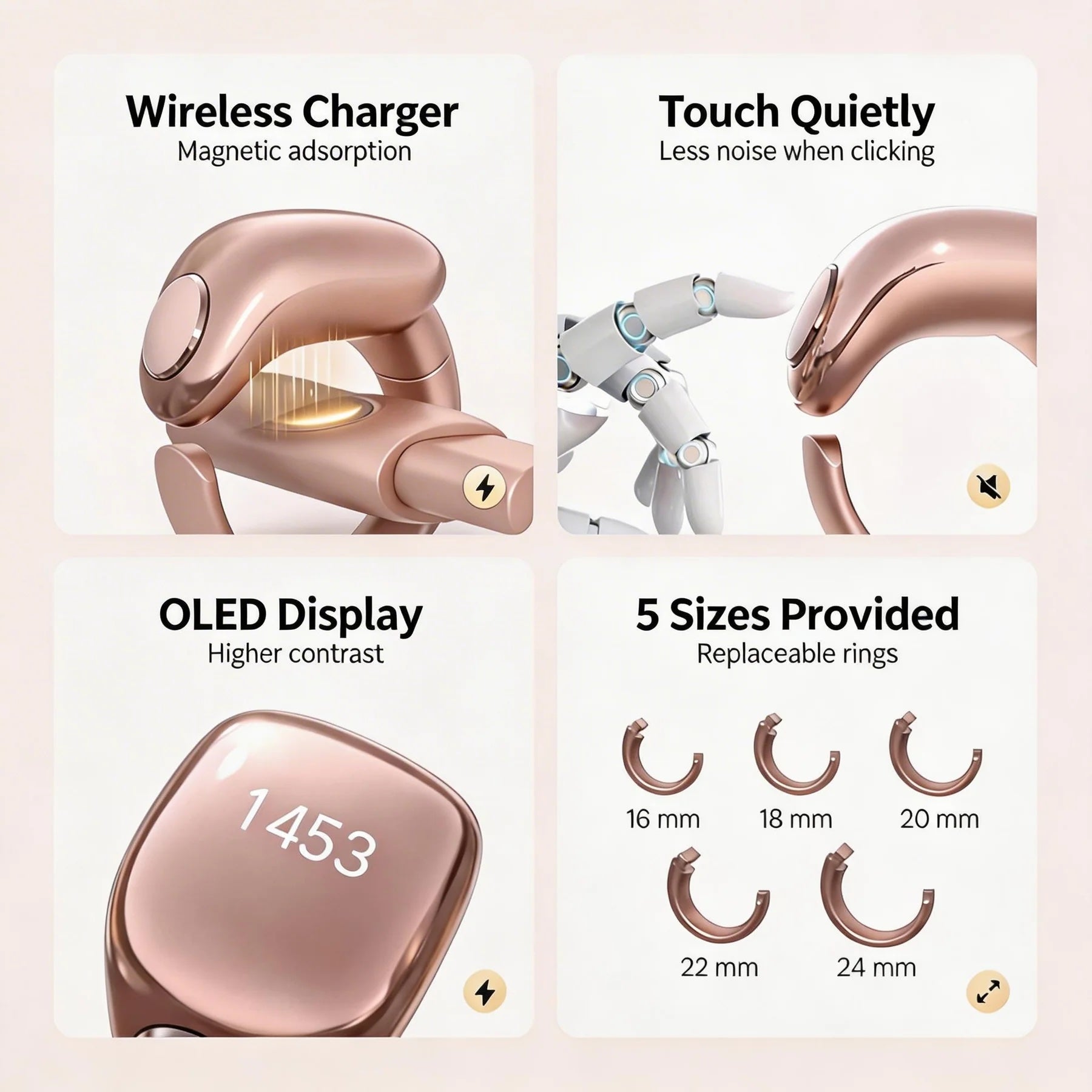 Rose gold dikr counter with features listed on a light pink background