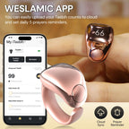 Rose gold prayer counter with smartphone app displaying Tasbih counts and reminders.