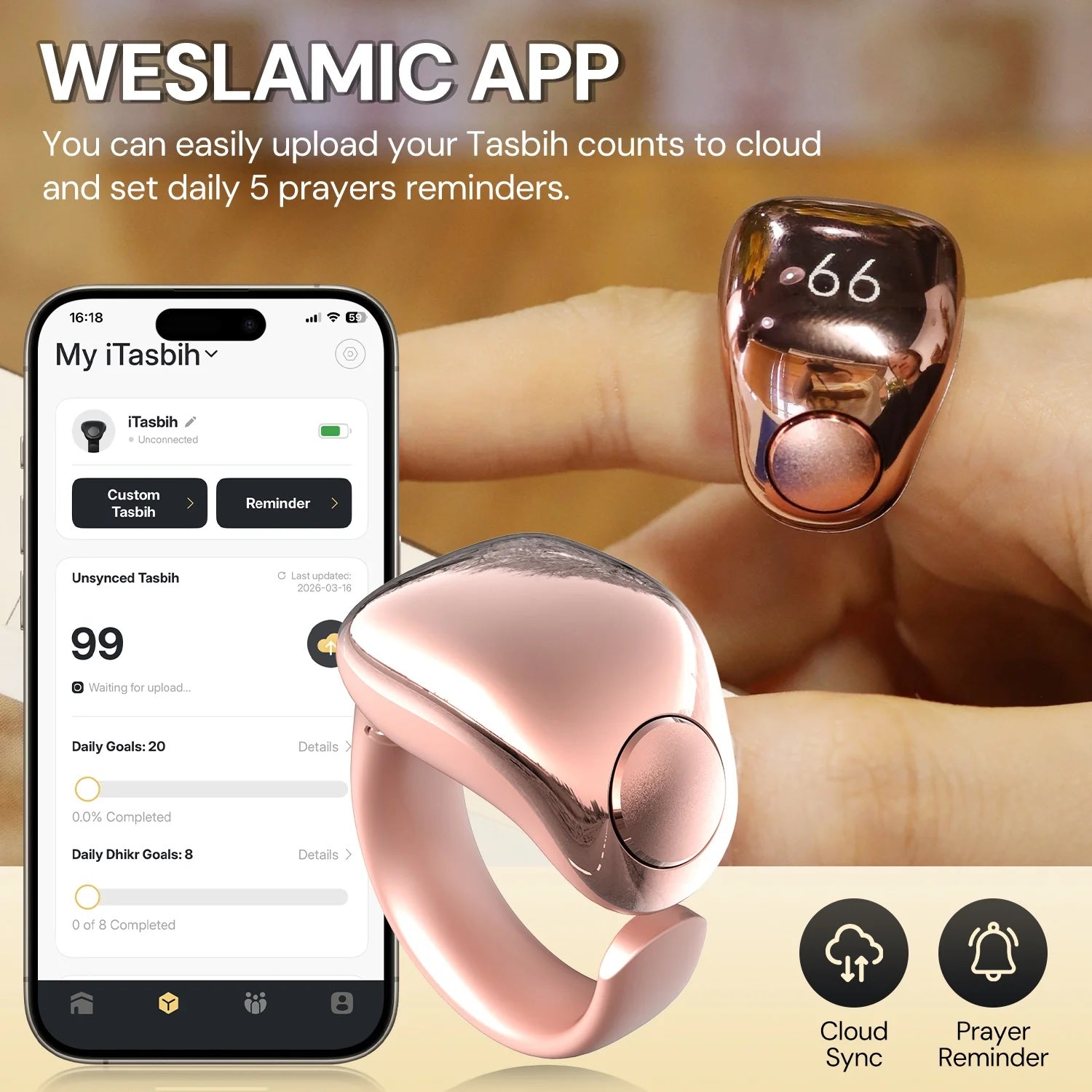 Rose gold prayer counter with smartphone app displaying Tasbih counts and reminders.
