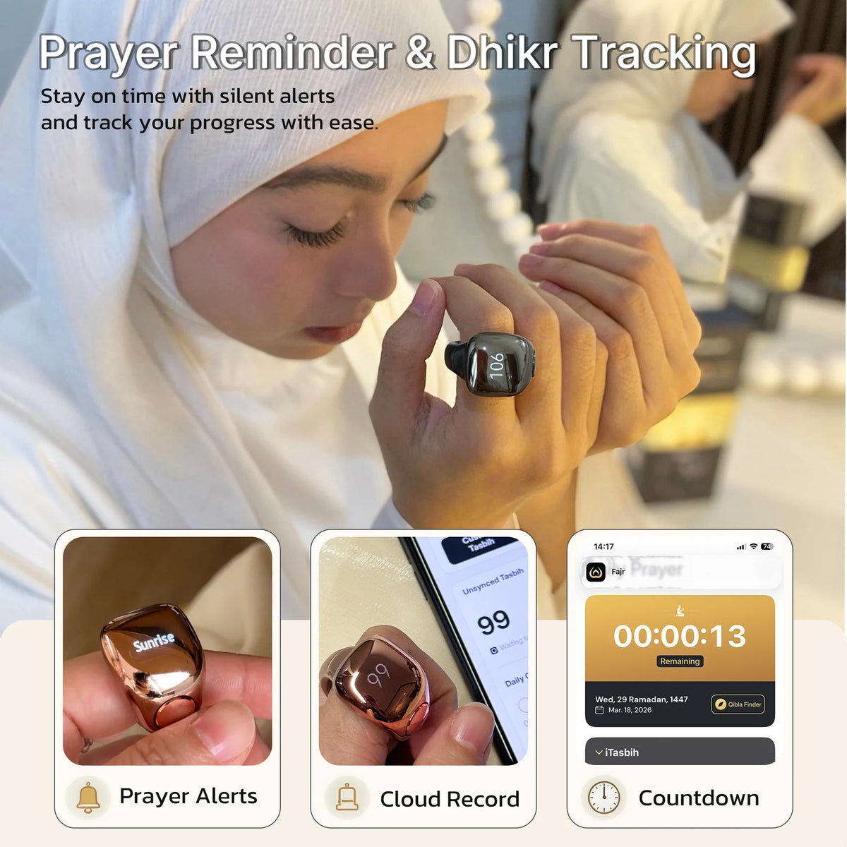 Smart dikr counter with prayer reminder and dhikr tracking features, shown on a smartphone screen.